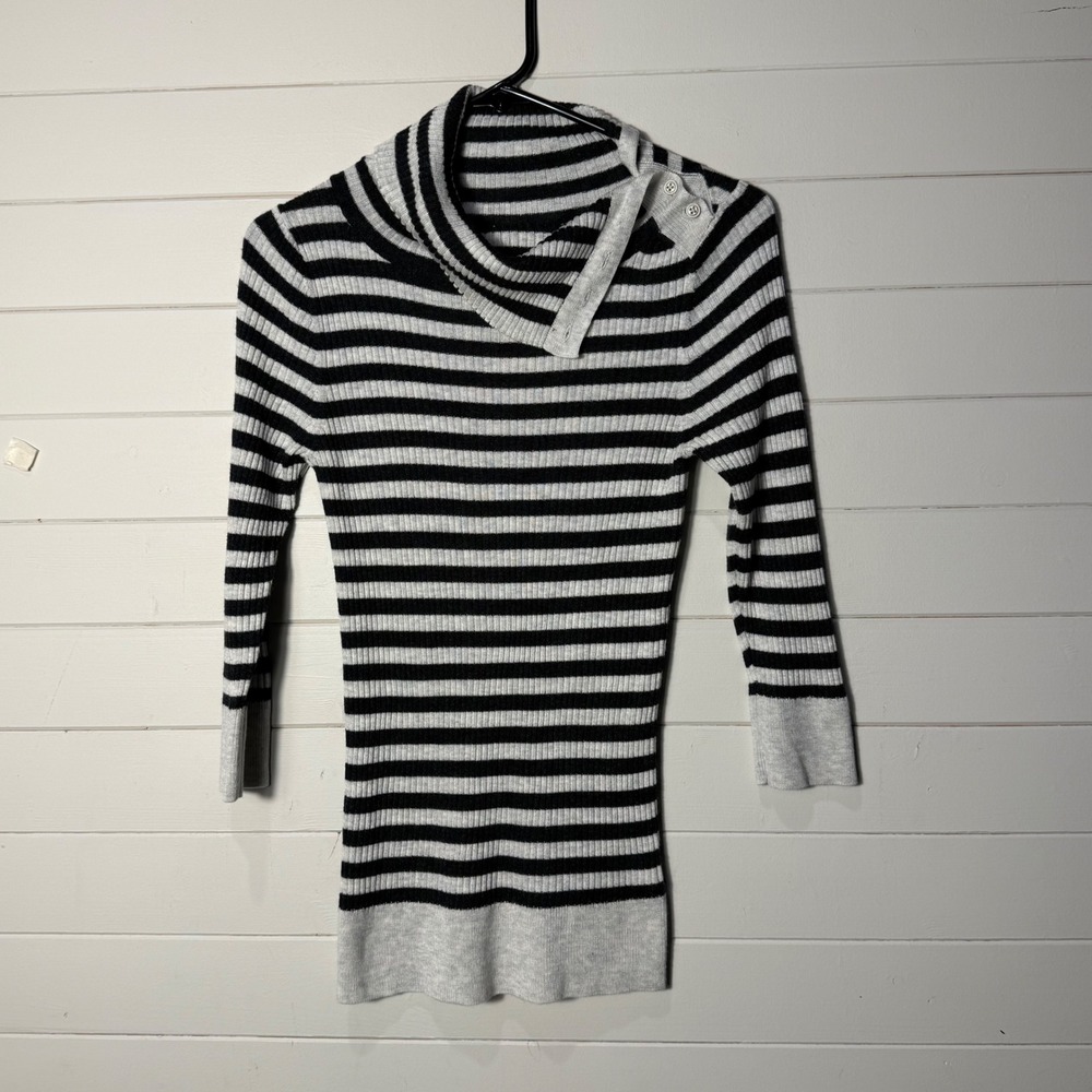 Free People Striped Button Turtleneck Ribbed Wool Blend Sweater Black White M‎